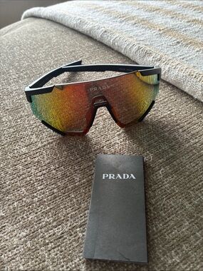 Prada Men’s Shield Sunglasses - Black Frame with Red Orange Yellow Mirror Lens